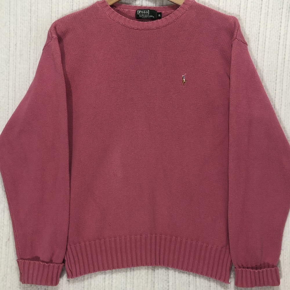 Vtg 90s Polo Ralph Lauren Made in USA Pink Cotton Knit Crewneck Sweater Mens XL